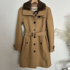 Burberry Camel Wool Coat Trench with Removable Collar and Belt